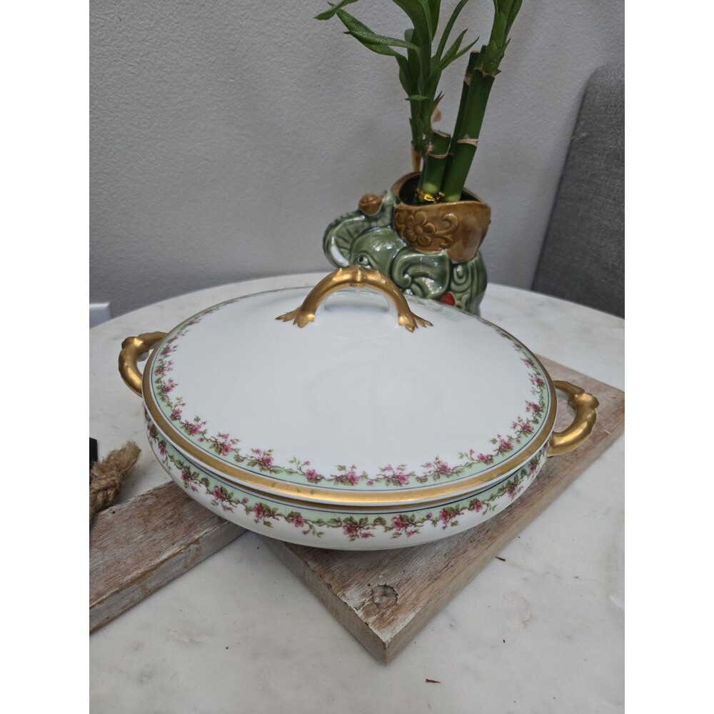 Antique Limoges France Covered Vegetable Dish – Pink Roses Border & Ornate Gold